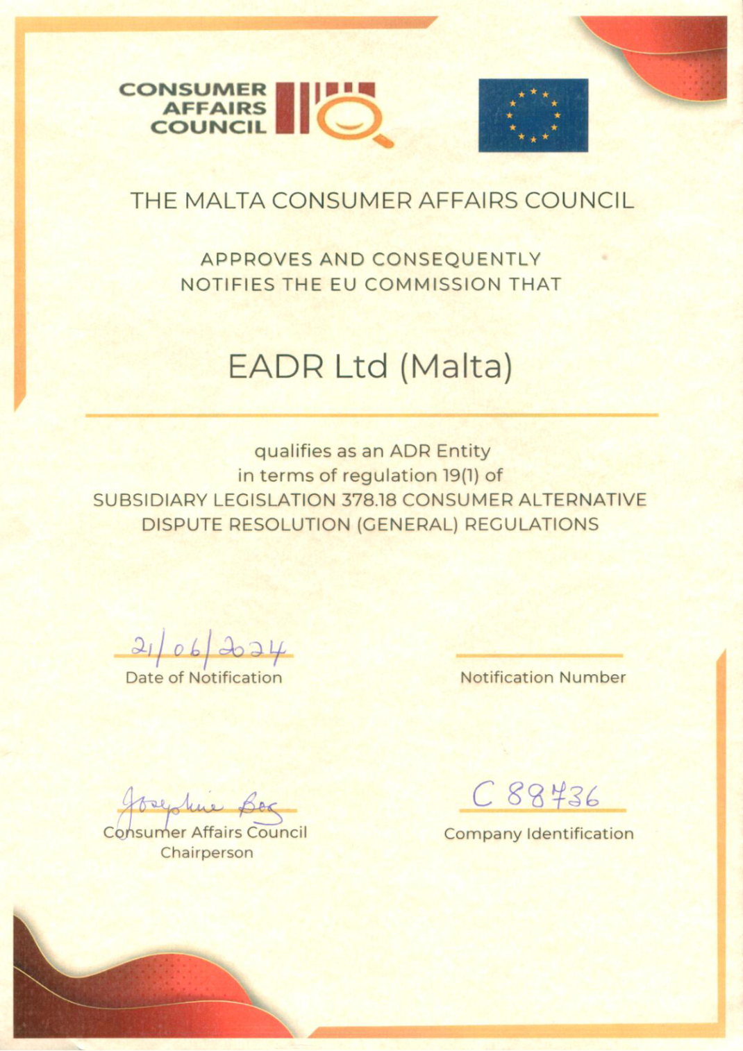 Official certificate from the Malta Consumer Affairs Council approving EADR Ltd as an EU-notified Alternative Dispute Resolution (ADR) entity under Subsidiary Legislation 378.18. EADR Malta Certification | Approved EU ADR Entity